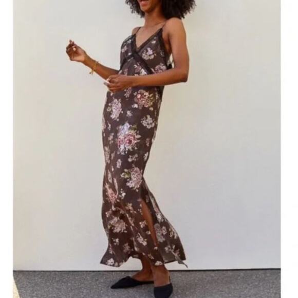 H&M X Brock Collection Brown Black Flower Floral Lace Slip Midi Dress Small - Picture 1 of 6
